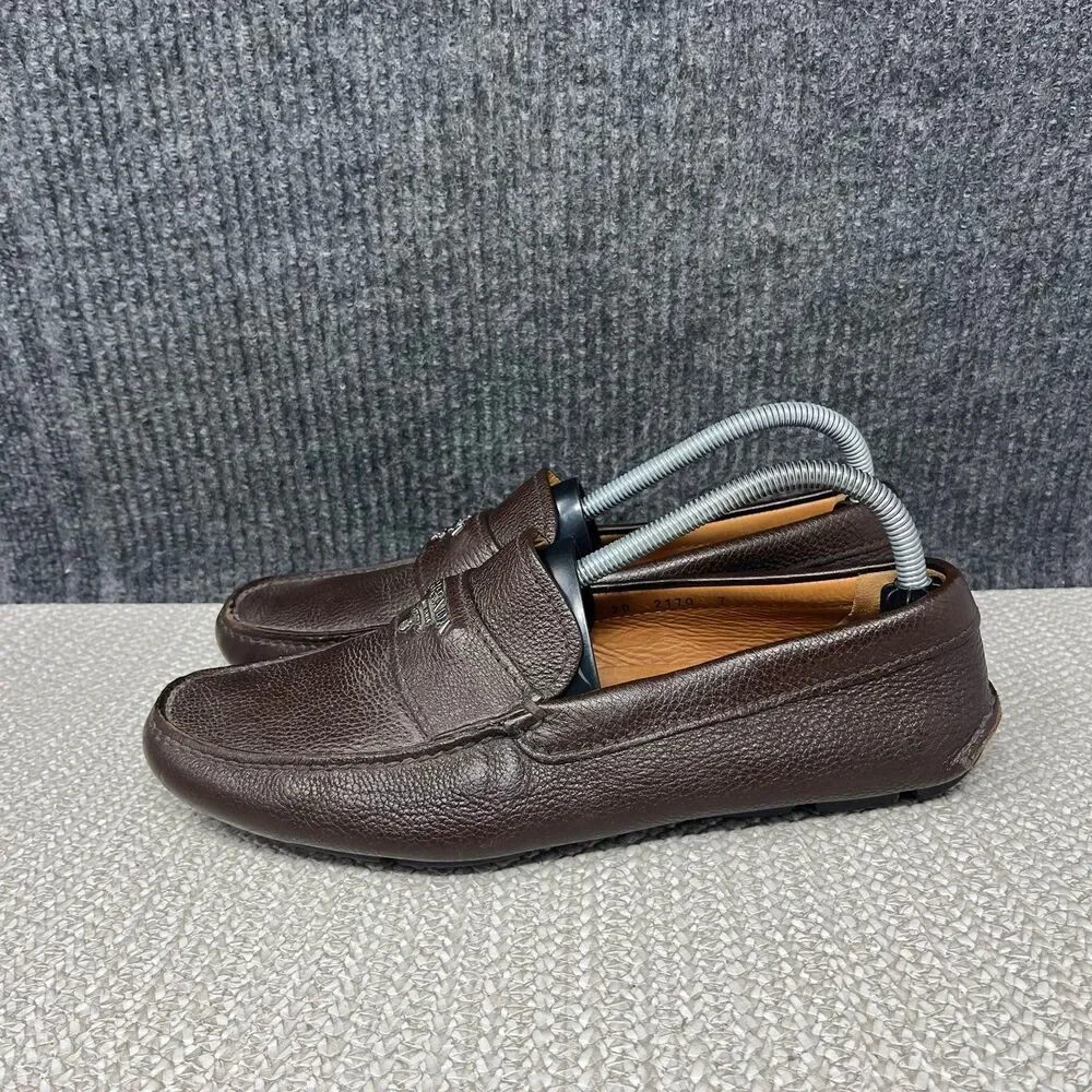 Prada Logo Pebbled Leather Driving Loafers Slip On Brown Italy Mens 7 2D2170